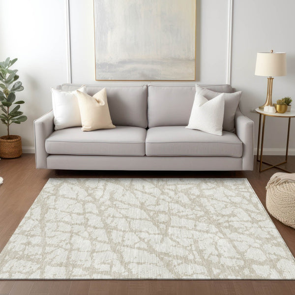 HomeRoots 5' Stylish Ivory and Beige Abstract Rug - Durable, Washable Indoor/Outdoor Area Rug for High Traffic Spaces 8' X 10' 614362
