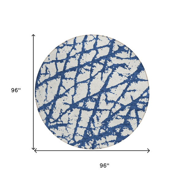 HomeRoots 5' Modern Navy Blue and Ivory Abstract Washable Area Rug for Indoor and Outdoor High-Traffic Spaces 8' Round 614373