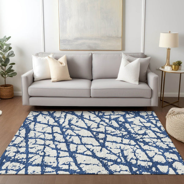 HomeRoots 5' Modern Navy Blue and Ivory Abstract Washable Area Rug for Indoor and Outdoor High-Traffic Spaces 8' X 10' 614374