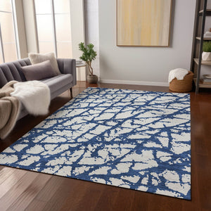 HomeRoots 5' Modern Navy Blue and Ivory Abstract Washable Area Rug for Indoor and Outdoor High-Traffic Spaces 8' X 10' 614374