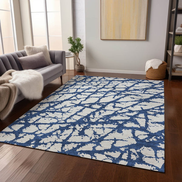 HomeRoots 5' Modern Navy Blue and Ivory Abstract Washable Area Rug for Indoor and Outdoor High-Traffic Spaces 8' X 10' 614374