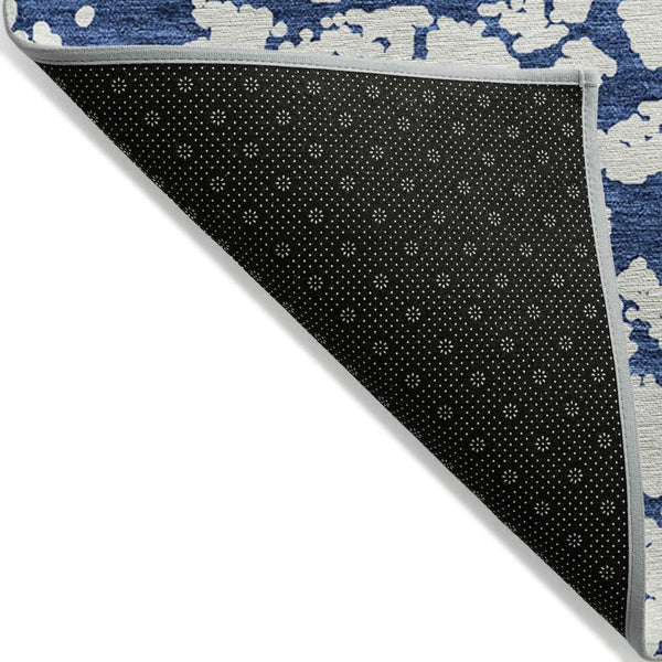 HomeRoots 5' Modern Navy Blue and Ivory Abstract Washable Area Rug for Indoor and Outdoor High-Traffic Spaces 9' X 12' 614375