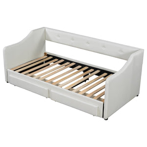 English Elm Twin XL Upholstered Daybed with Two Drawers — Convertible King Sofa Bed, Buttoned Back, Linen Upholstery Beige DL002056AAA