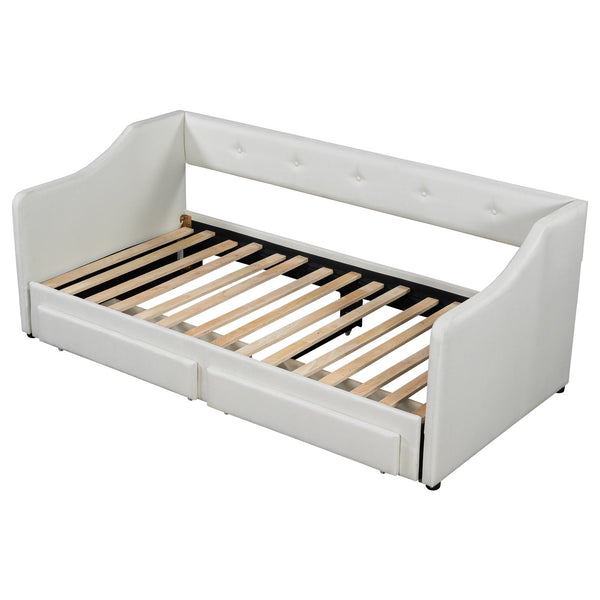 English Elm Twin XL Upholstered Daybed with Two Drawers — Convertible King Sofa Bed, Buttoned Back, Linen Upholstery Beige DL002056AAA