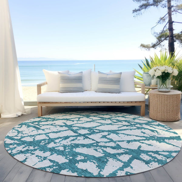HomeRoots 5' Teal Blue and Ivory Abstract Area Rug - Durable, Washable, Perfect for Indoor and Outdoor Use 8' Round 614391