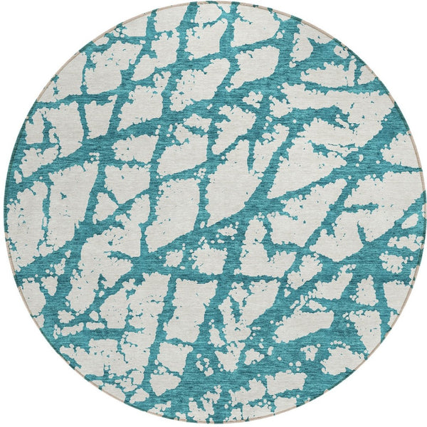 HomeRoots 5' Teal Blue and Ivory Abstract Area Rug - Durable, Washable, Perfect for Indoor and Outdoor Use 8' Round 614391
