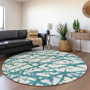 HomeRoots 5' Teal Blue and Ivory Abstract Area Rug - Durable, Washable, Perfect for Indoor and Outdoor Use 8' Round 614391