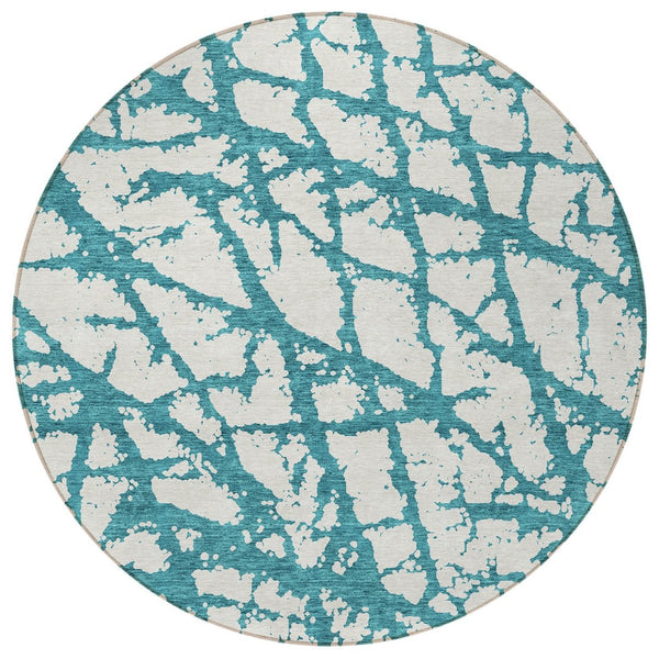 HomeRoots 5' Teal Blue and Ivory Abstract Area Rug - Durable, Washable, Perfect for Indoor and Outdoor Use 8' Round 614391