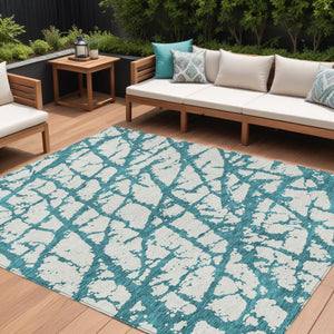 HomeRoots 9' X 12' Teal Blue & Ivory Abstract Area Rug – Stylish Indoor/Outdoor Design, Durable & Washable! 614393