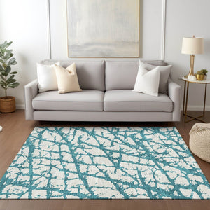 HomeRoots 9' X 12' Teal Blue & Ivory Abstract Area Rug – Stylish Indoor/Outdoor Design, Durable & Washable! 614393