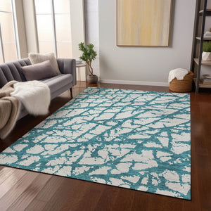 HomeRoots 5' Teal Blue and Ivory Abstract Area Rug - Durable, Washable, Perfect for Indoor and Outdoor Use 10' X 14' 614394