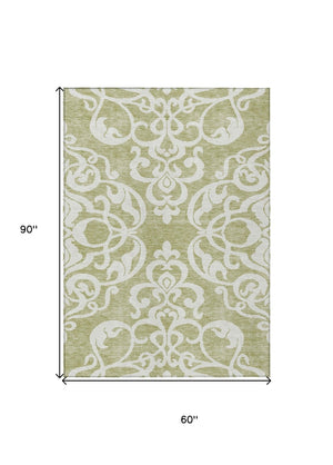 HomeRoots 5' Elegant Sage and Ivory Damask Area Rug - Durable, Washable, Perfect for Indoor and Outdoor Spaces 5' X 8' 614396