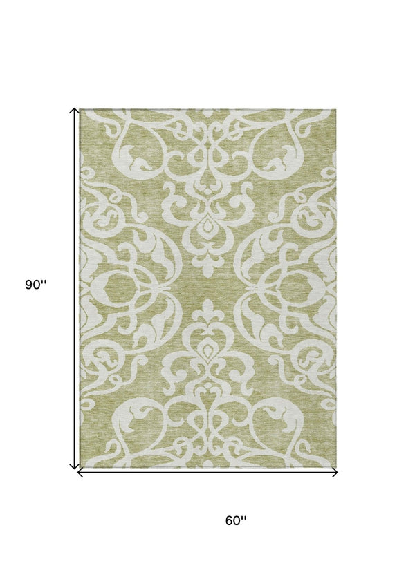 HomeRoots 5' Elegant Sage and Ivory Damask Area Rug - Durable, Washable, Perfect for Indoor and Outdoor Spaces 5' X 8' 614396