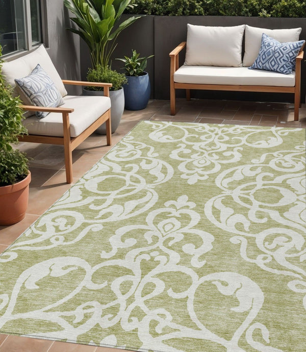 HomeRoots 5' Elegant Sage and Ivory Damask Area Rug - Durable, Washable, Perfect for Indoor and Outdoor Spaces 5' X 8' 614396