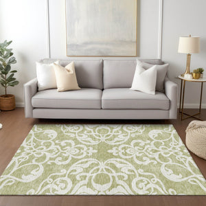 HomeRoots 5' Elegant Sage and Ivory Damask Area Rug - Durable, Washable, Perfect for Indoor and Outdoor Spaces 5' X 8' 614396