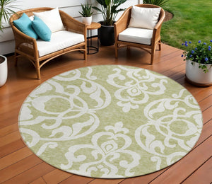HomeRoots 5' Elegant Sage and Ivory Damask Area Rug - Durable, Washable, Perfect for Indoor and Outdoor Spaces 8' Round 614397