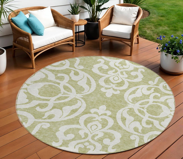 HomeRoots 5' Elegant Sage and Ivory Damask Area Rug - Durable, Washable, Perfect for Indoor and Outdoor Spaces 8' Round 614397