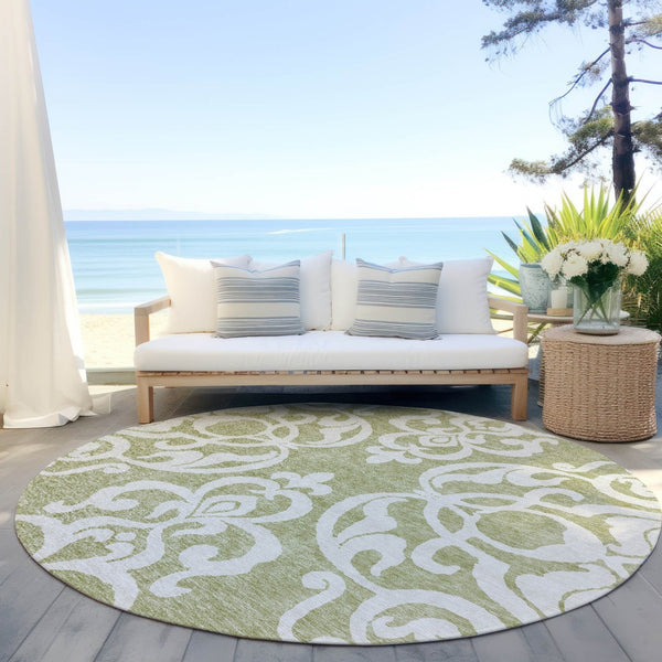 HomeRoots 5' Elegant Sage and Ivory Damask Area Rug - Durable, Washable, Perfect for Indoor and Outdoor Spaces 8' Round 614397