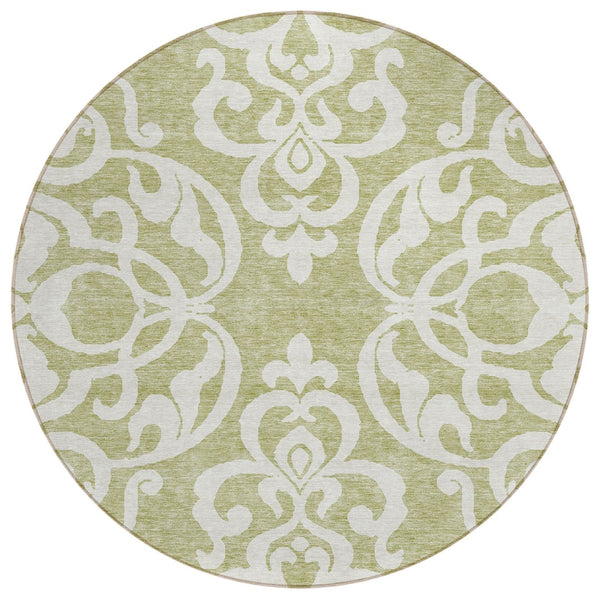 HomeRoots 5' Elegant Sage and Ivory Damask Area Rug - Durable, Washable, Perfect for Indoor and Outdoor Spaces 8' Round 614397