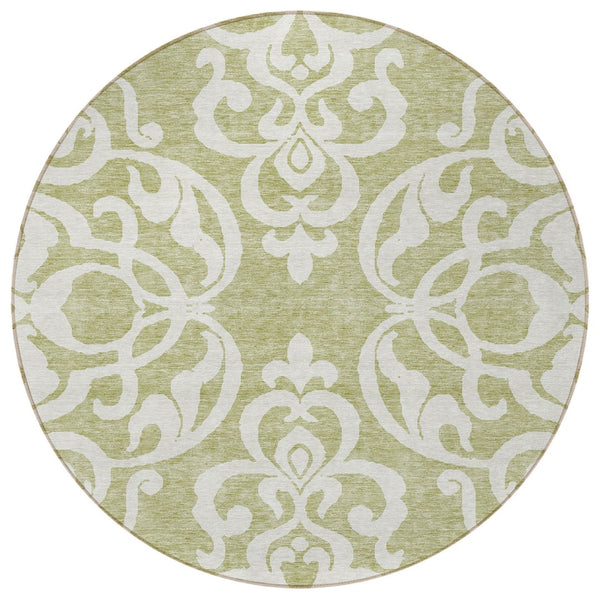HomeRoots 5' Elegant Sage and Ivory Damask Area Rug - Durable, Washable, Perfect for Indoor and Outdoor Spaces 8' Round 614397