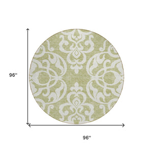 HomeRoots 5' Elegant Sage and Ivory Damask Area Rug - Durable, Washable, Perfect for Indoor and Outdoor Spaces 8' Round 614397