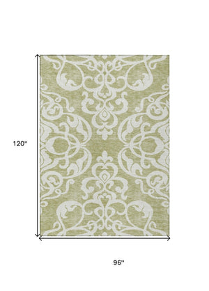 HomeRoots 5' Elegant Sage and Ivory Damask Area Rug - Durable, Washable, Perfect for Indoor and Outdoor Spaces 8' X 10' 614398