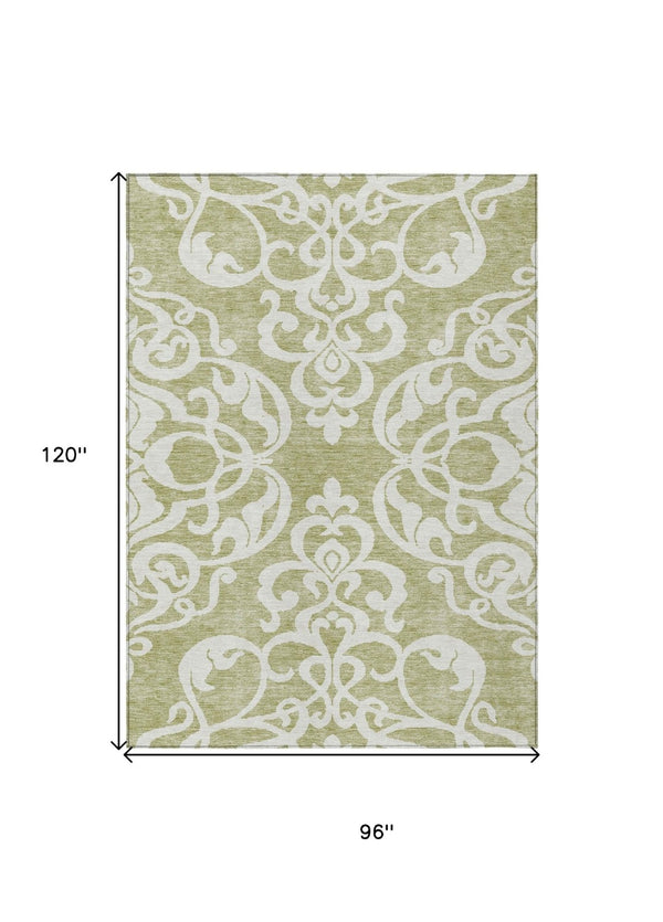 HomeRoots 5' Elegant Sage and Ivory Damask Area Rug - Durable, Washable, Perfect for Indoor and Outdoor Spaces 8' X 10' 614398