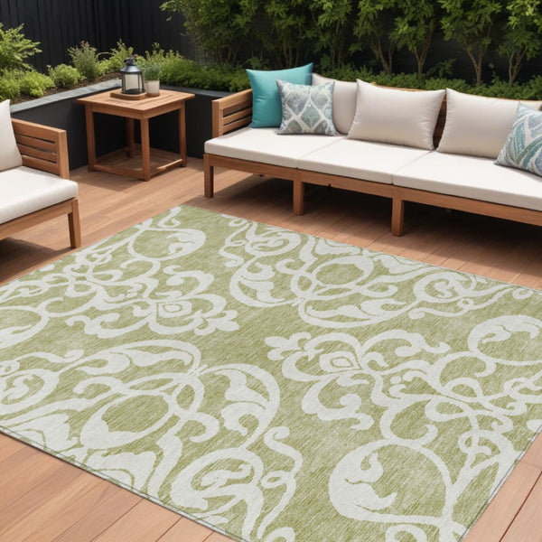 HomeRoots 5' Elegant Sage and Ivory Damask Area Rug - Durable, Washable, Perfect for Indoor and Outdoor Spaces 8' X 10' 614398