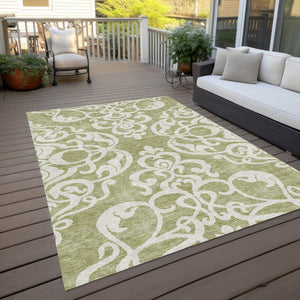 HomeRoots 5' Elegant Sage and Ivory Damask Area Rug - Durable, Washable, Perfect for Indoor and Outdoor Spaces 8' X 10' 614398
