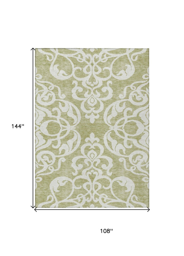 HomeRoots 5' Elegant Sage and Ivory Damask Area Rug - Durable, Washable, Perfect for Indoor and Outdoor Spaces 9' X 12' 614399