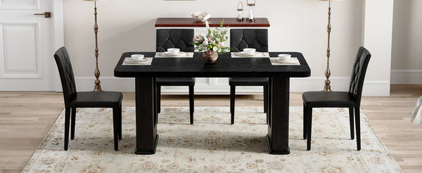 English Elm Table And Chair Set - Modern Black Wood Dining Table With Ergonomic Pu Leather Chairs For Comfort W1151S04311-GIGA