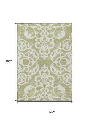 HomeRoots 5' Elegant Sage and Ivory Damask Area Rug - Durable, Washable, Perfect for Indoor and Outdoor Spaces 10' X 14' 614400