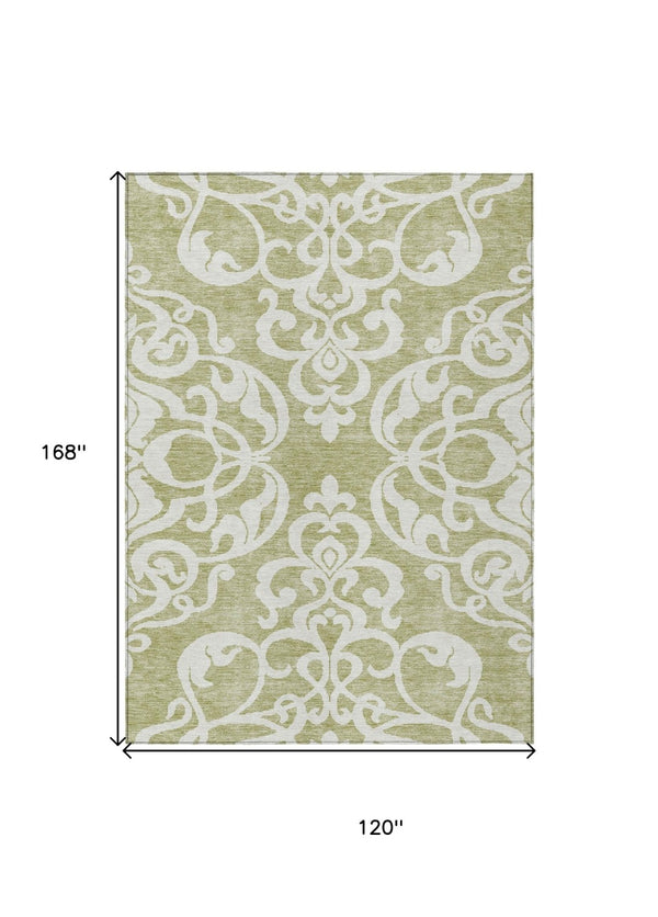 HomeRoots 5' Elegant Sage and Ivory Damask Area Rug - Durable, Washable, Perfect for Indoor and Outdoor Spaces 10' X 14' 614400