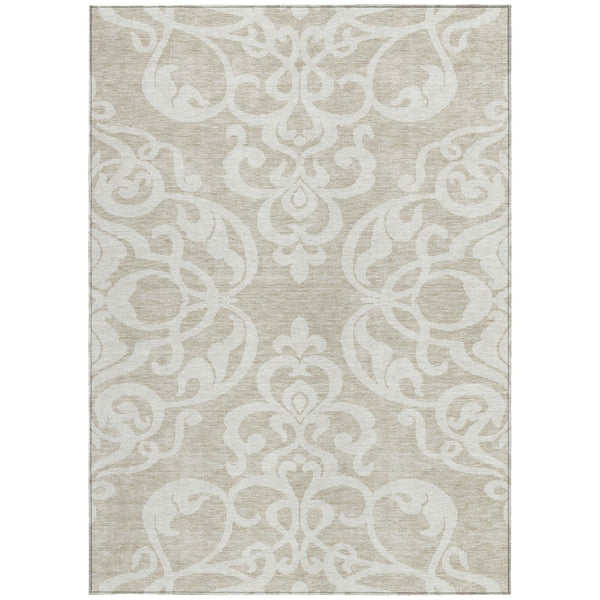 HomeRoots 5' Elegant Beige and Ivory Damask Area Rug – Durable, Washable for Indoor and Outdoor Use, Stylish Decor 5' X 8' 614402