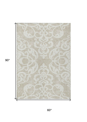HomeRoots 5' Elegant Beige and Ivory Damask Area Rug – Durable, Washable for Indoor and Outdoor Use, Stylish Decor 5' X 8' 614402