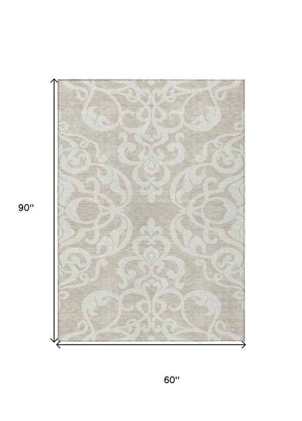 HomeRoots 5' Elegant Beige and Ivory Damask Area Rug – Durable, Washable for Indoor and Outdoor Use, Stylish Decor 5' X 8' 614402