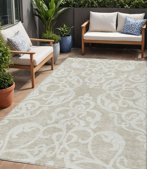 HomeRoots 5' Elegant Beige and Ivory Damask Area Rug – Durable, Washable for Indoor and Outdoor Use, Stylish Decor 5' X 8' 614402