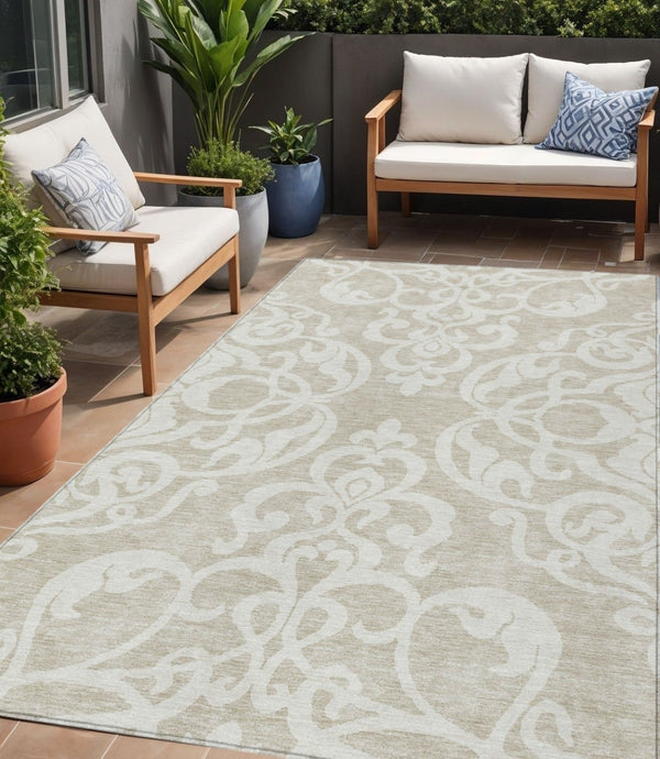 HomeRoots 5' Elegant Beige and Ivory Damask Area Rug – Durable, Washable for Indoor and Outdoor Use, Stylish Decor 5' X 8' 614402