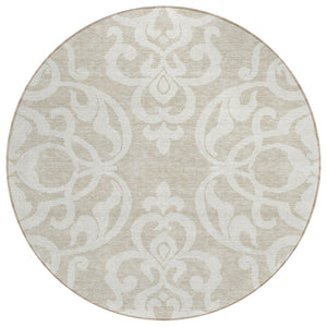 HomeRoots 5' Elegant Beige and Ivory Damask Area Rug – Durable, Washable for Indoor and Outdoor Use, Stylish Decor 8' Round 614403
