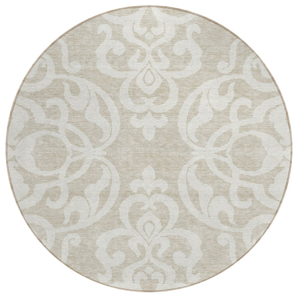 HomeRoots 5' Elegant Beige and Ivory Damask Area Rug – Durable, Washable for Indoor and Outdoor Use, Stylish Decor 8' Round 614403