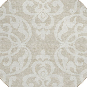 HomeRoots 5' Elegant Beige and Ivory Damask Area Rug – Durable, Washable for Indoor and Outdoor Use, Stylish Decor 8' Round 614403