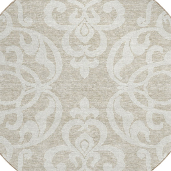 HomeRoots 5' Elegant Beige and Ivory Damask Area Rug – Durable, Washable for Indoor and Outdoor Use, Stylish Decor 8' Round 614403