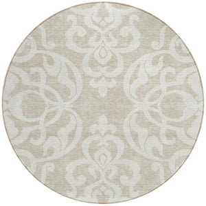 HomeRoots 5' Elegant Beige and Ivory Damask Area Rug – Durable, Washable for Indoor and Outdoor Use, Stylish Decor 8' Round 614403