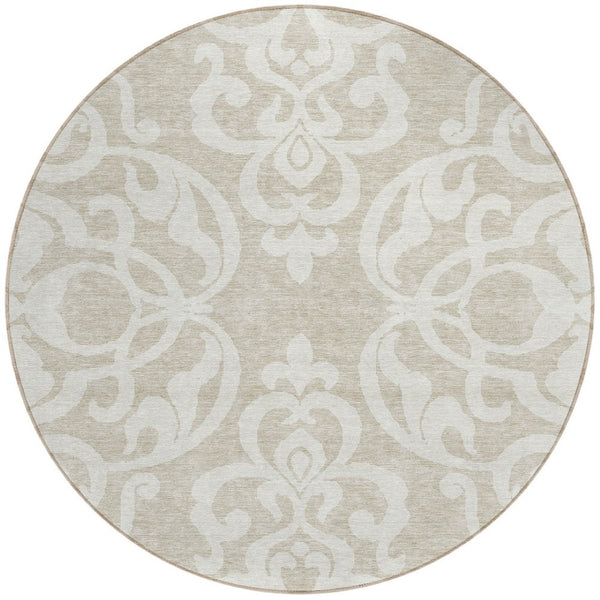 HomeRoots 5' Elegant Beige and Ivory Damask Area Rug – Durable, Washable for Indoor and Outdoor Use, Stylish Decor 8' Round 614403