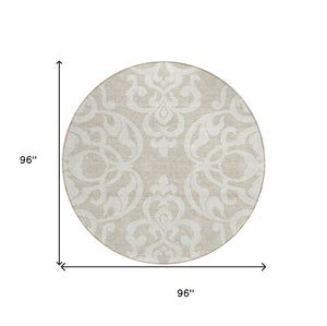 HomeRoots 5' Elegant Beige and Ivory Damask Area Rug – Durable, Washable for Indoor and Outdoor Use, Stylish Decor 8' Round 614403
