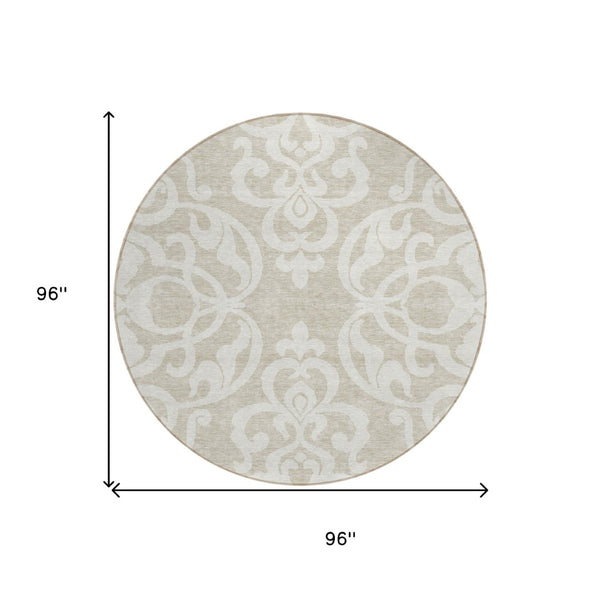 HomeRoots 5' Elegant Beige and Ivory Damask Area Rug – Durable, Washable for Indoor and Outdoor Use, Stylish Decor 8' Round 614403
