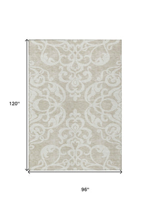 HomeRoots 5' Elegant Beige and Ivory Damask Area Rug – Durable, Washable for Indoor and Outdoor Use, Stylish Decor 8' X 10' 614404