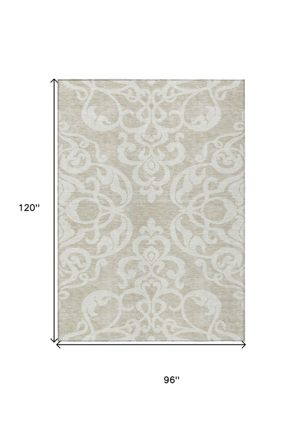 HomeRoots 5' Elegant Beige and Ivory Damask Area Rug – Durable, Washable for Indoor and Outdoor Use, Stylish Decor 8' X 10' 614404