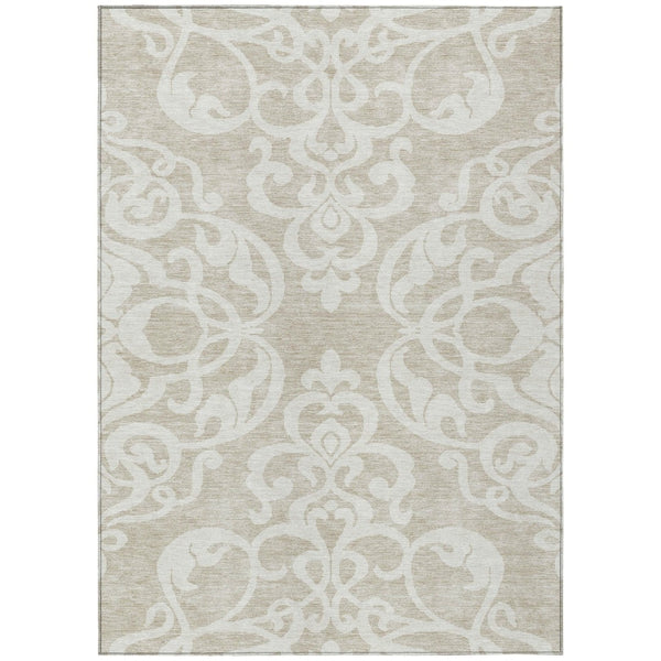 HomeRoots 5' Elegant Beige and Ivory Damask Area Rug – Durable, Washable for Indoor and Outdoor Use, Stylish Decor 8' X 10' 614404