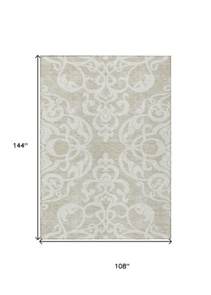 HomeRoots 5' Elegant Beige and Ivory Damask Area Rug – Durable, Washable for Indoor and Outdoor Use, Stylish Decor 9' X 12' 614405